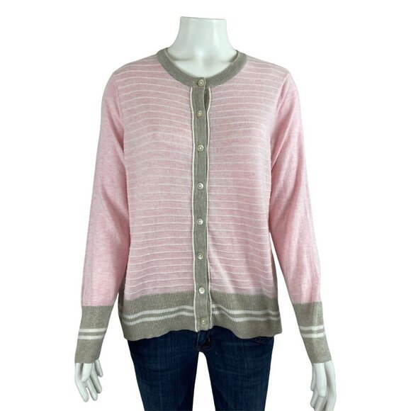 Eddie Bauer Womens Cardigan Sweater Large Petite Pink Stripe - Picture 1 of 6